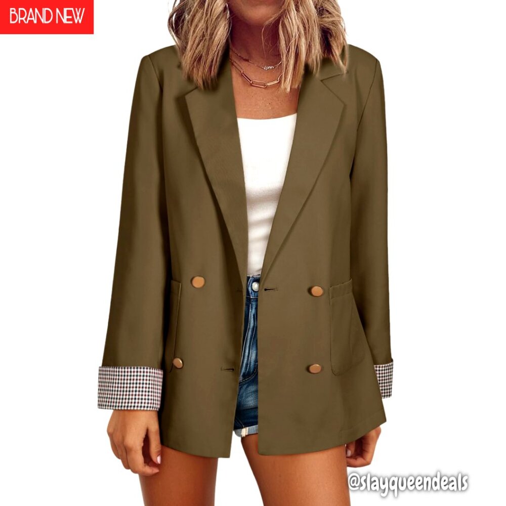 Double Breasted Plaid Cuff Blazer, Polyester, Business Casual Office Jacket